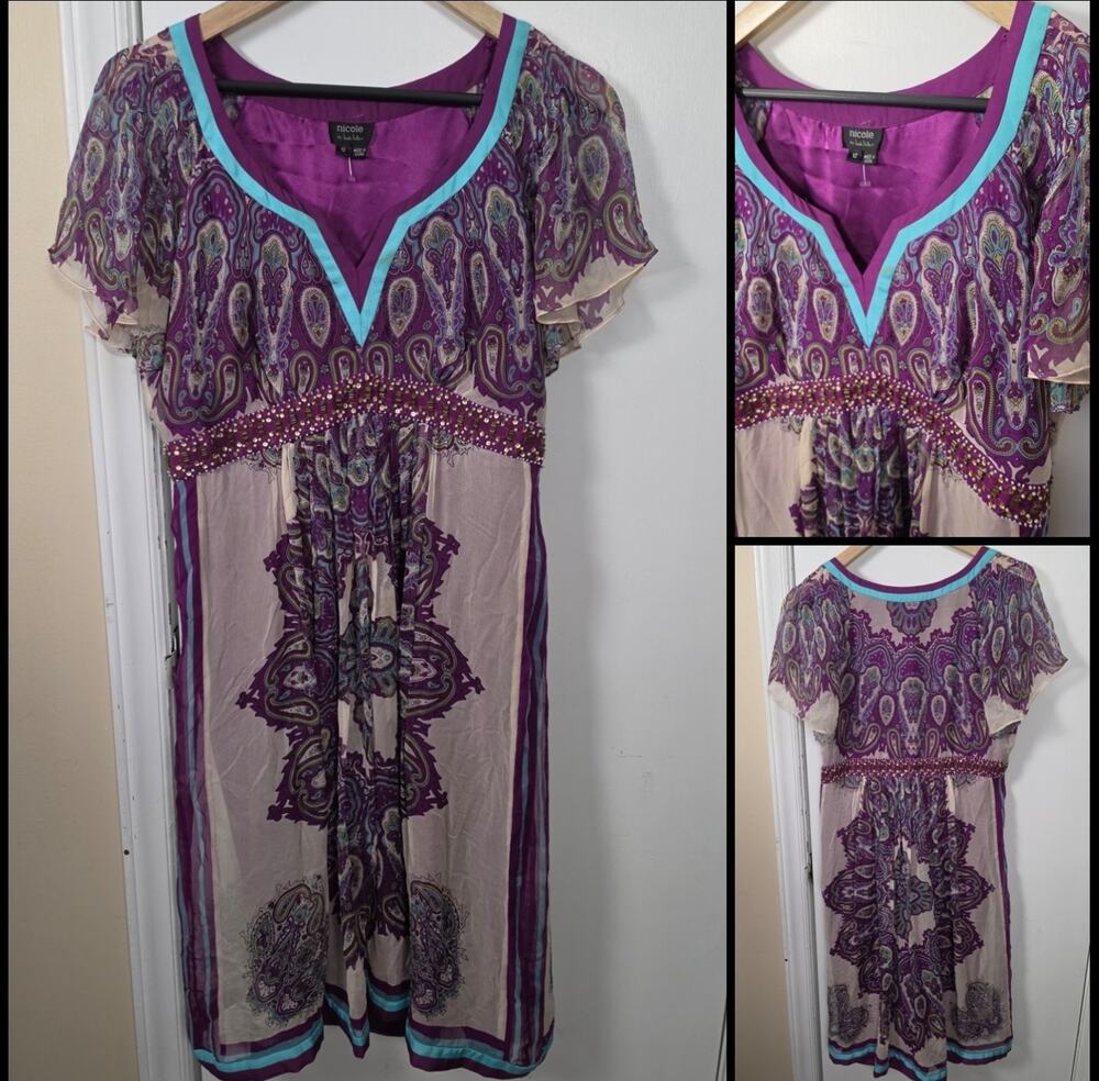 Vintage Y2K Silk Beaded Dress Sz 12 Empire Waist Mandala Tunic Nicole Miller
